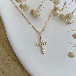 collir & pendentif Croix - plaqué or & zirconium