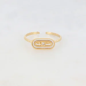 BAGUE FINE AJUSTABLE AVEC PIÈCE GÉOMÉTRIQUE, FOND NACRÉ ET STRASS