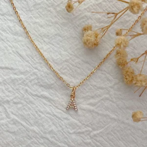 collier & médaille initial - plaqué or & zirconium