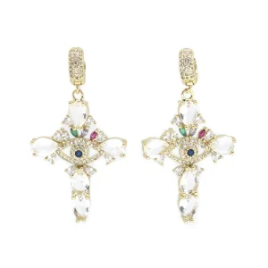 Mini Créoles strass blanc croix verre transparent oeil strass